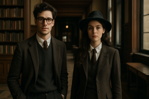 A young man and woman in dark academia outfits (wool coat, turtleneck, plaid skirt) in a vintage library setting